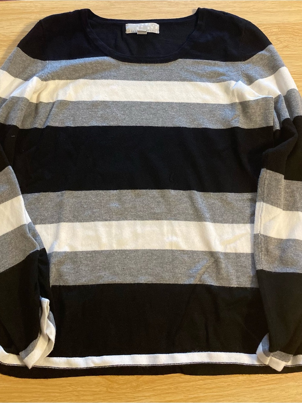 Carolyn Taylor Black, Gray & White Striped Crewneck Sweater